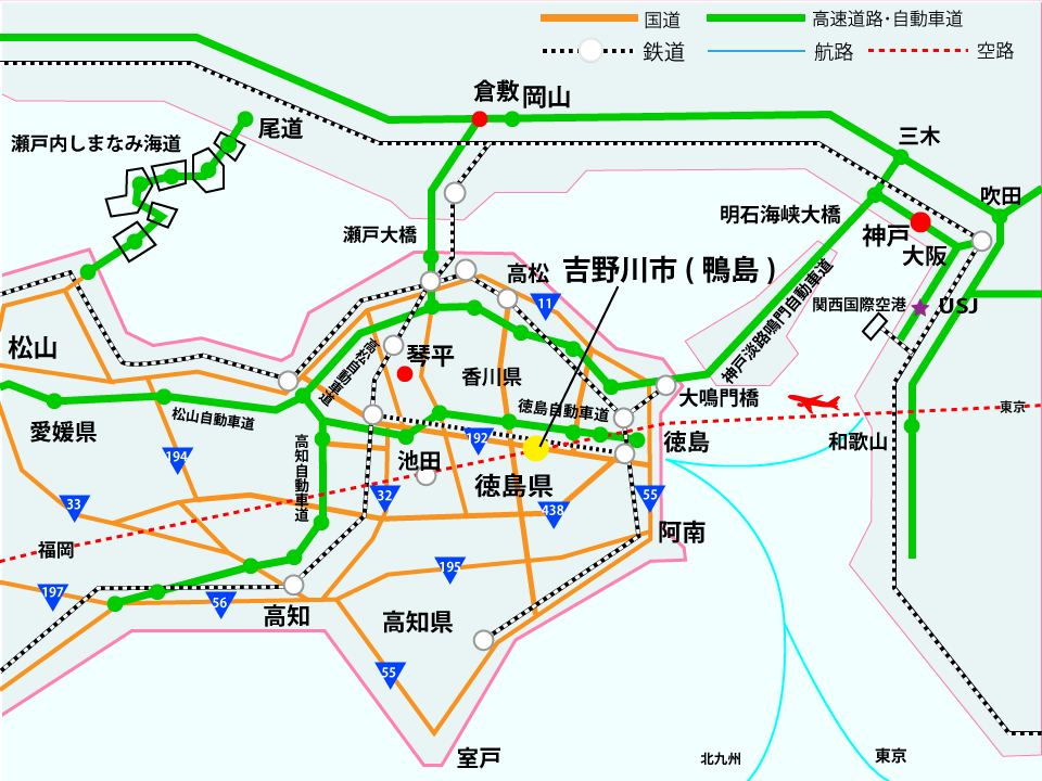 吉野川市へのアクセス地図